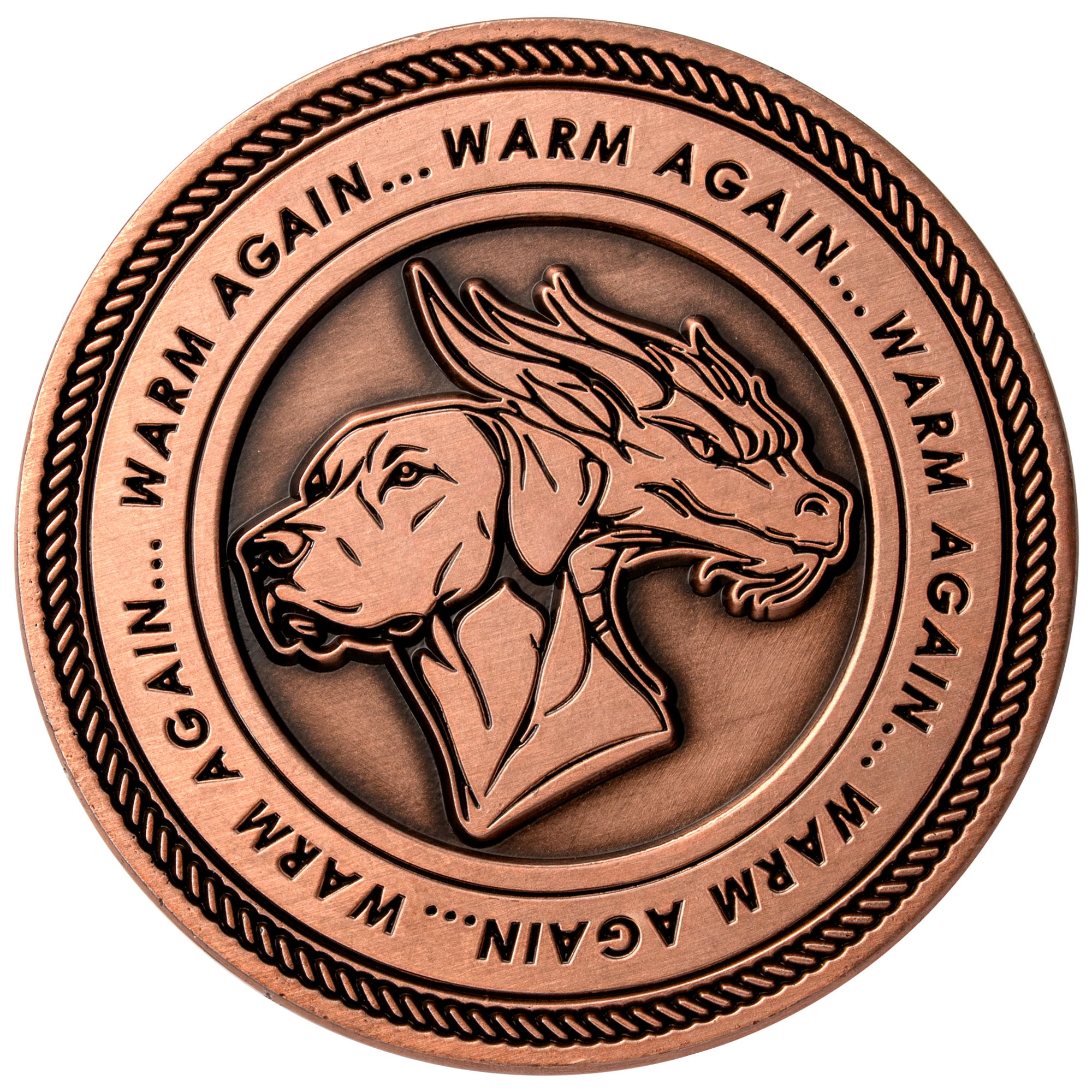Antiqued copper challenge coin featuring a dog and dragon head design with 'Warm Again' repeating text and a rope border.