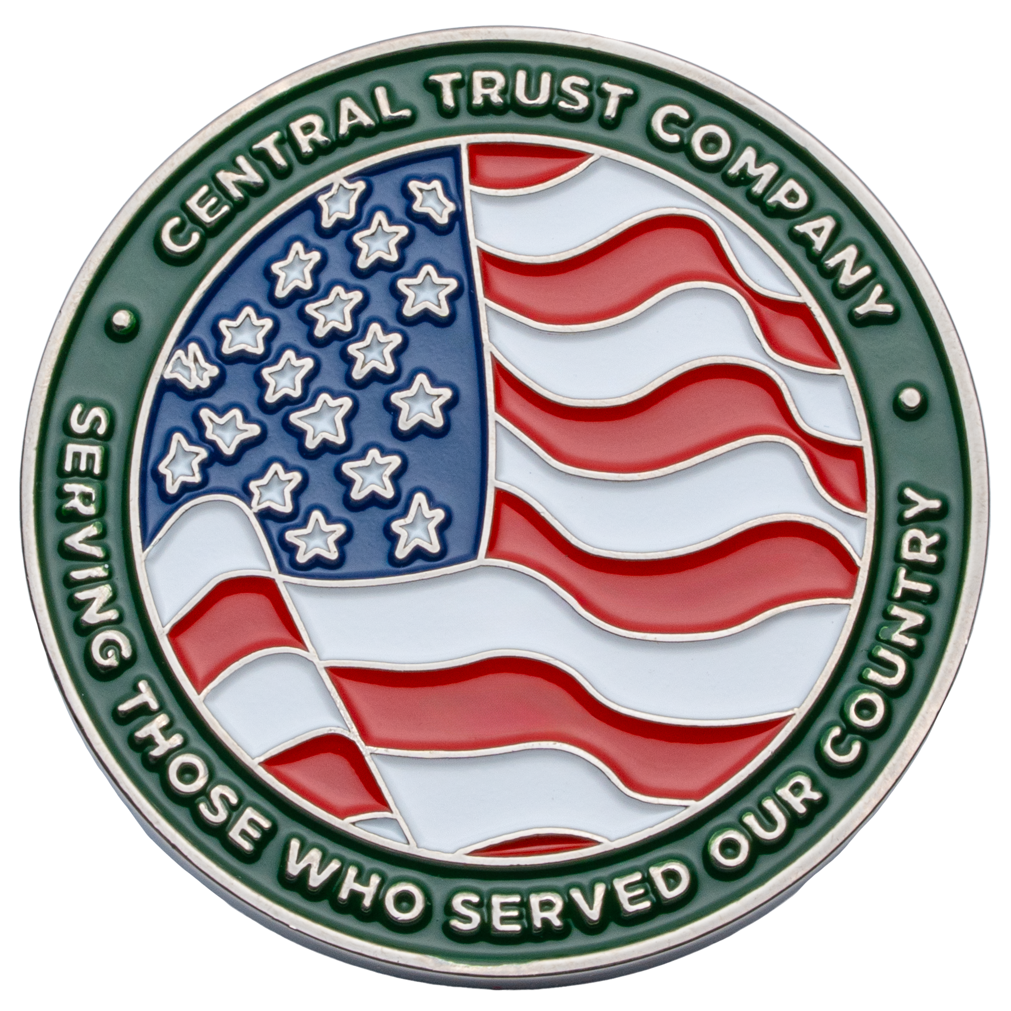 Circular challenge coin featuring the Central Trust Company name and a waving American flag design with a green border.