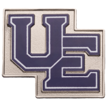 Purple and white UE block letter logo lapel pin with silver metal border and sandblast background.