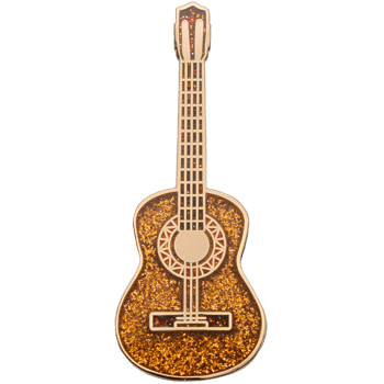 Acoustic guitar shaped lapel pin with gold glitter enamel and gold plating.