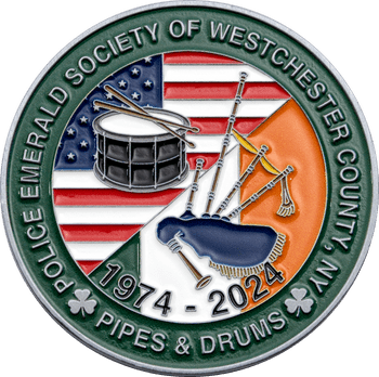 Police Emerald Society of Westchester County challenge coin featuring a snare drum, bagpipes, American and Irish colors, and 1974-2024 Pipes & Drums text.