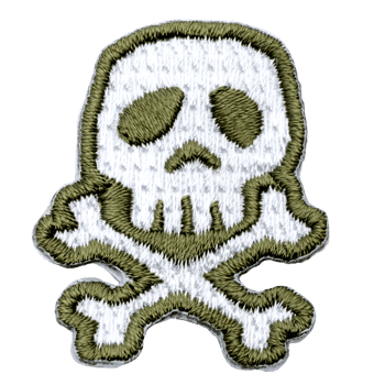 Embroidered skull and crossbones patch with white thread and olive drab green borders.
