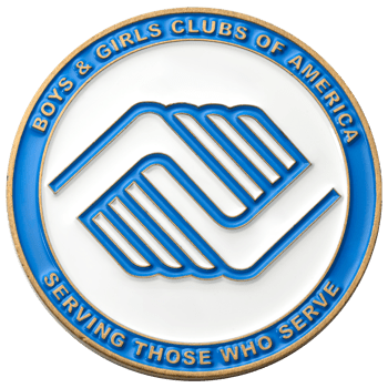 Circular Boys & Girls Clubs of America challenge coin with blue and white enamel and a gold border.