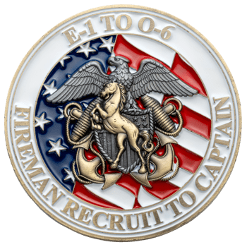 Round challenge coin featuring a horse, eagle, and anchors over a red, white, and blue flag background with text Fireman Recruit to Captain.