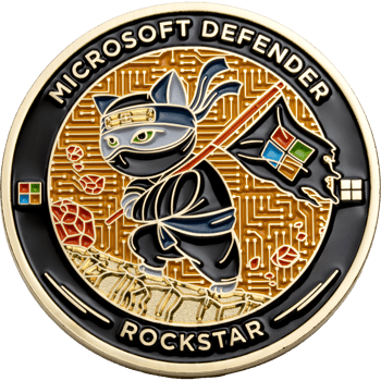Gold and black challenge coin featuring a ninja cat holding a Microsoft flag over a circuit board background with Microsoft Defender Rockstar text.