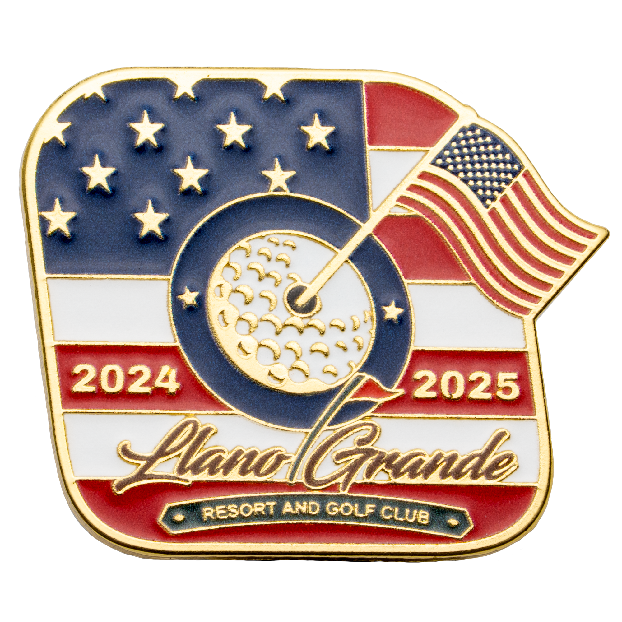 Llano Grande Resort and Golf Club lapel pin featuring 2024-2025 dates, a golf ball, and an American flag design with gold plating.