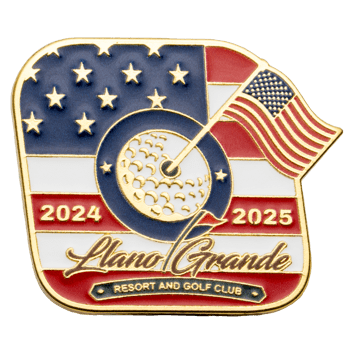 Llano Grande Resort and Golf Club lapel pin featuring 2024-2025 dates, a golf ball, and an American flag design with gold plating.