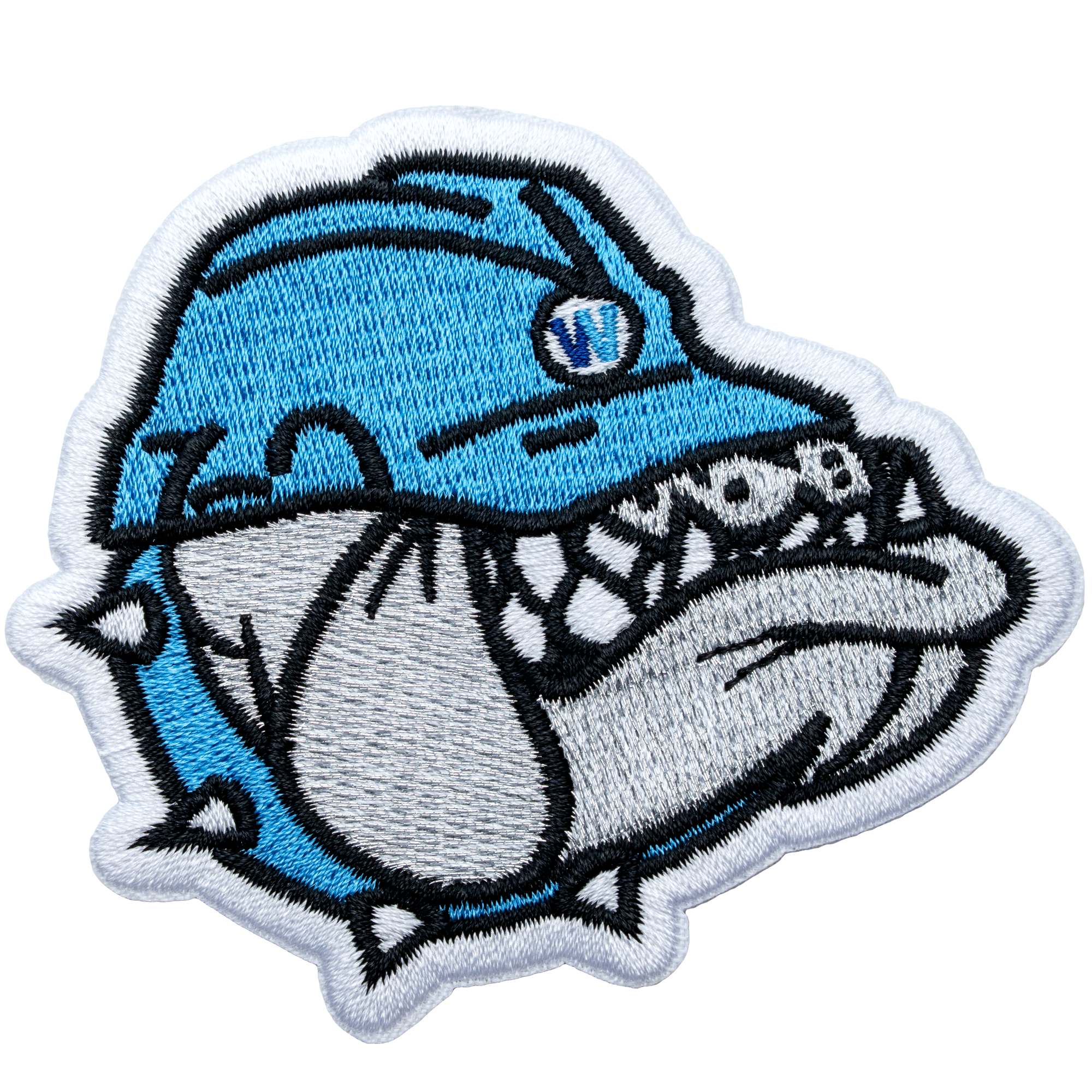 Embroidered patch featuring a snarling bulldog wearing a blue hard hat with a 'W' logo and a spiked collar.