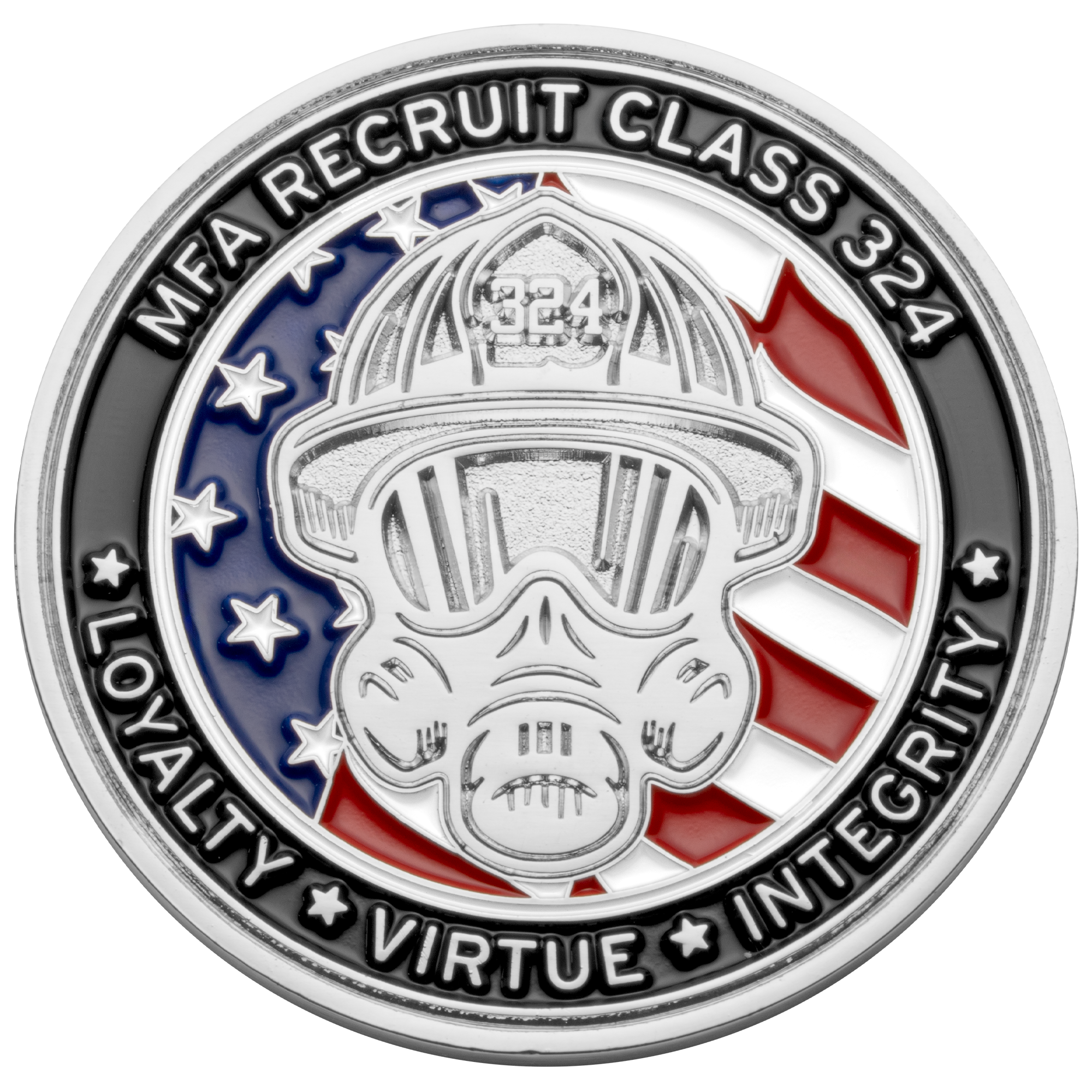Challenge coin featuring a firefighter in a gas mask and helmet over a red, white, and blue flag background with MFA Recruit Class 324 text.