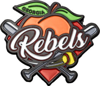 Georgia Rebels lapel pin featuring an orange peach, crossed baseball bats, and a yellow softball on a red diamond background.