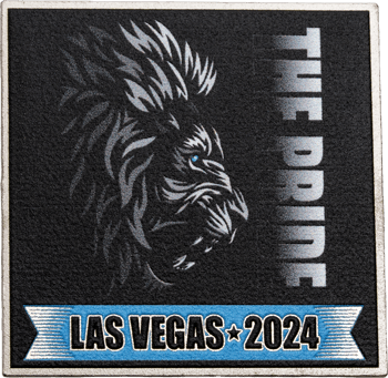 Square lapel pin featuring a lion head silhouette, 'The Pride' text, and a 'Las Vegas 2024' banner on a black background.