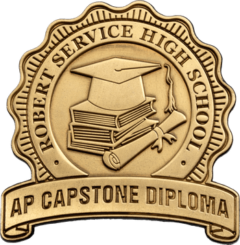Antique brass lapel pin for Robert Service High School AP Capstone Diploma featuring a graduation cap, stacked books, and diploma scroll.