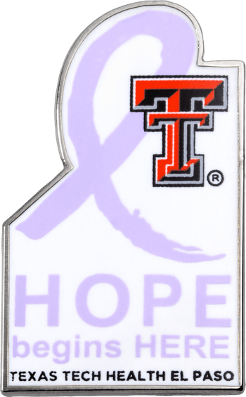Texas Tech Health El Paso lapel pin featuring a purple awareness ribbon and Double T logo with Hope Begins Here text.