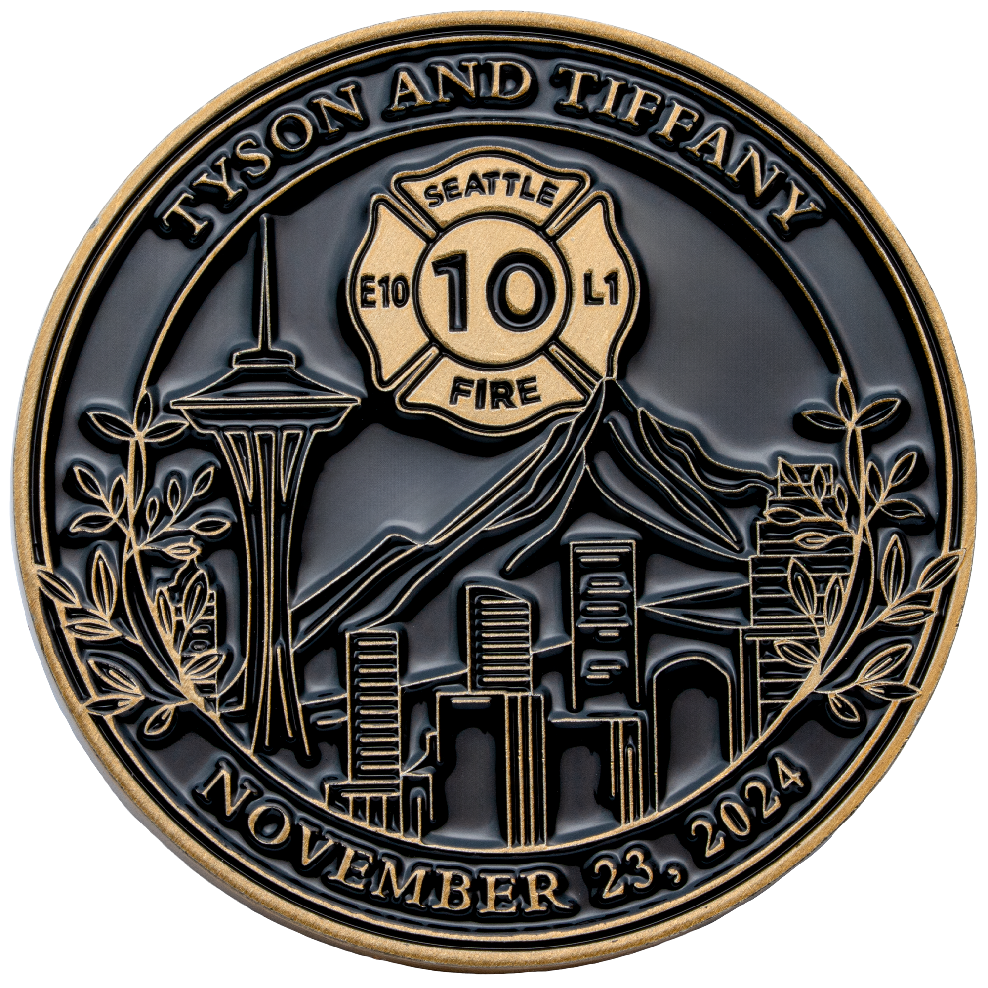 Antique gold and black challenge coin featuring the Seattle skyline, Space Needle, and a fire department Maltese cross for Tyson and Tiffany.