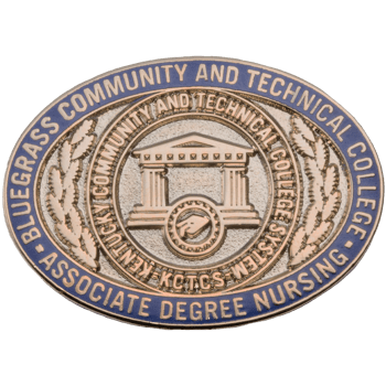Oval lapel pin for Bluegrass Community and Technical College Associate Degree Nursing with gold seal and blue border.