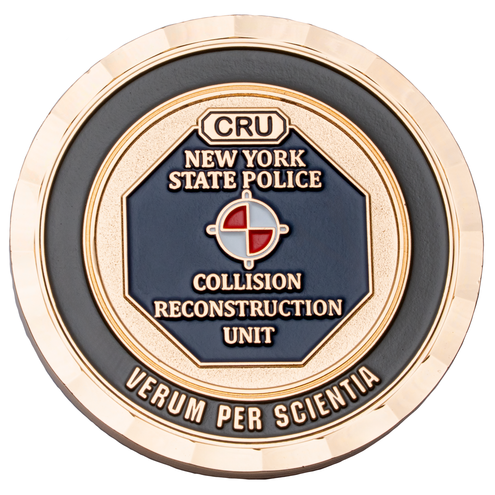Gold challenge coin for the New York State Police Collision Reconstruction Unit featuring a blue octagon and red/white target emblem.
