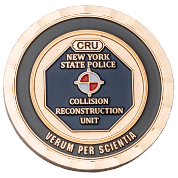 Gold challenge coin for the New York State Police Collision Reconstruction Unit featuring a blue octagon and red/white target emblem.