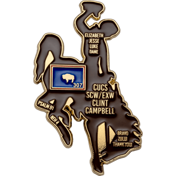 Bucking bronco lapel pin with gold plating, black enamel, and a Wyoming flag inset with text including Clint Campbell and Psalm 91.
