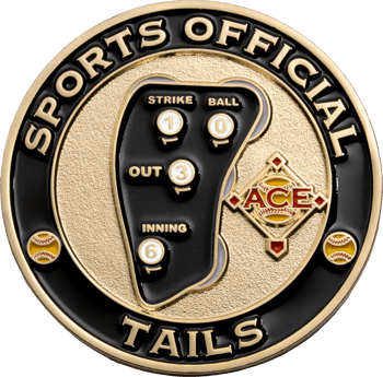 Gold and black Sports Official challenge coin featuring an umpire indicator counter and baseball diamond ACE logo.