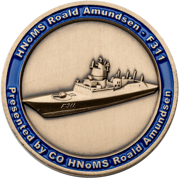 Antique bronze challenge coin featuring the HNoMS Roald Amundsen F311 naval frigate with a blue enamel border.