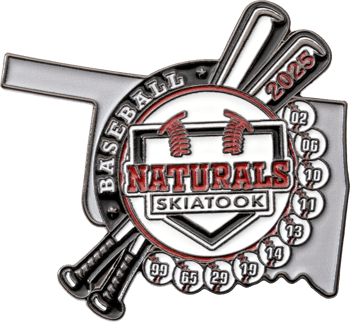 Skiatook Naturals baseball trading pin featuring a home plate design, bats, and jersey numbers over an Oklahoma state outline.