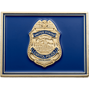 Rectangular blue challenge coin featuring a gold United States Capitol Police badge with an eagle and the U.S. Capitol building.