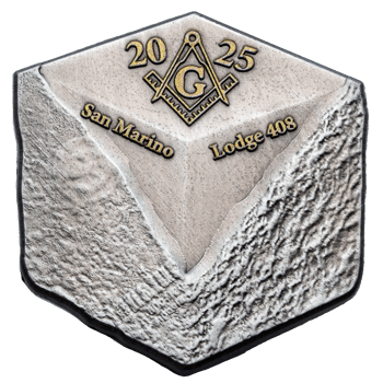 Hexagonal silver challenge coin featuring a Masonic square and compass, the year 2025, and text for San Marino Lodge 408 with a textured metallic finish.