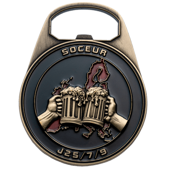 Antique bronze bottle opener challenge coin featuring SOCEUR text, a red map of Europe, and two hands clinking foaming beer steins.