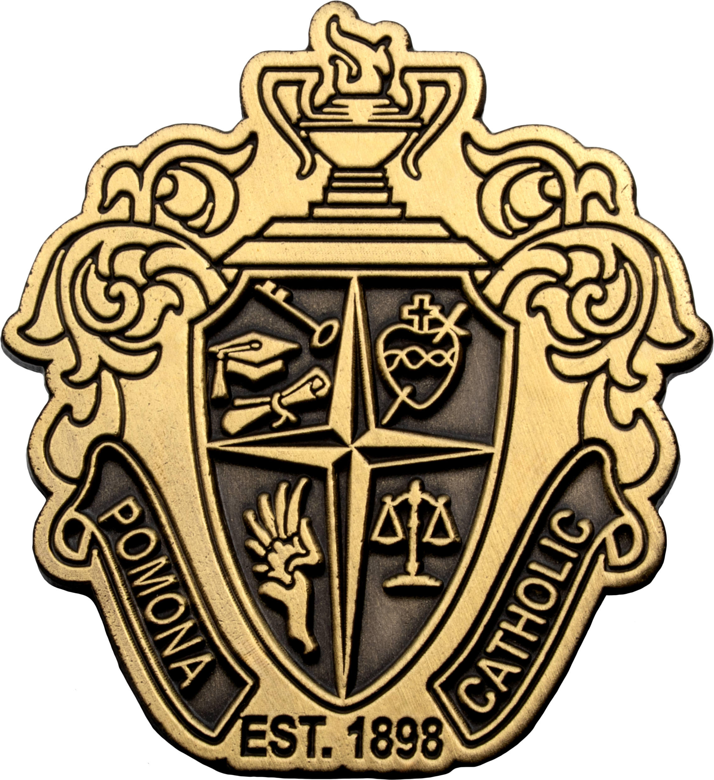 Gold and black lapel pin featuring the Pomona Catholic crest with a lamp of knowledge, graduation cap, sacred heart, and scales of justice.