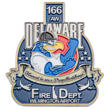 Soft enamel lapel pin featuring the Delaware Fire Dept Wilmington Airport logo with a blue eagle wearing a firefighter helmet and C-130 aircraft icons.