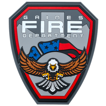 Shield-shaped PVC patch for Gaines Fire Department featuring a bald eagle and American flag design.
