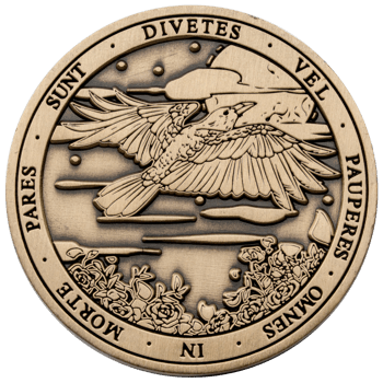 Antique bronze challenge coin featuring a flying crow or raven above a field of roses with Latin text around the border.