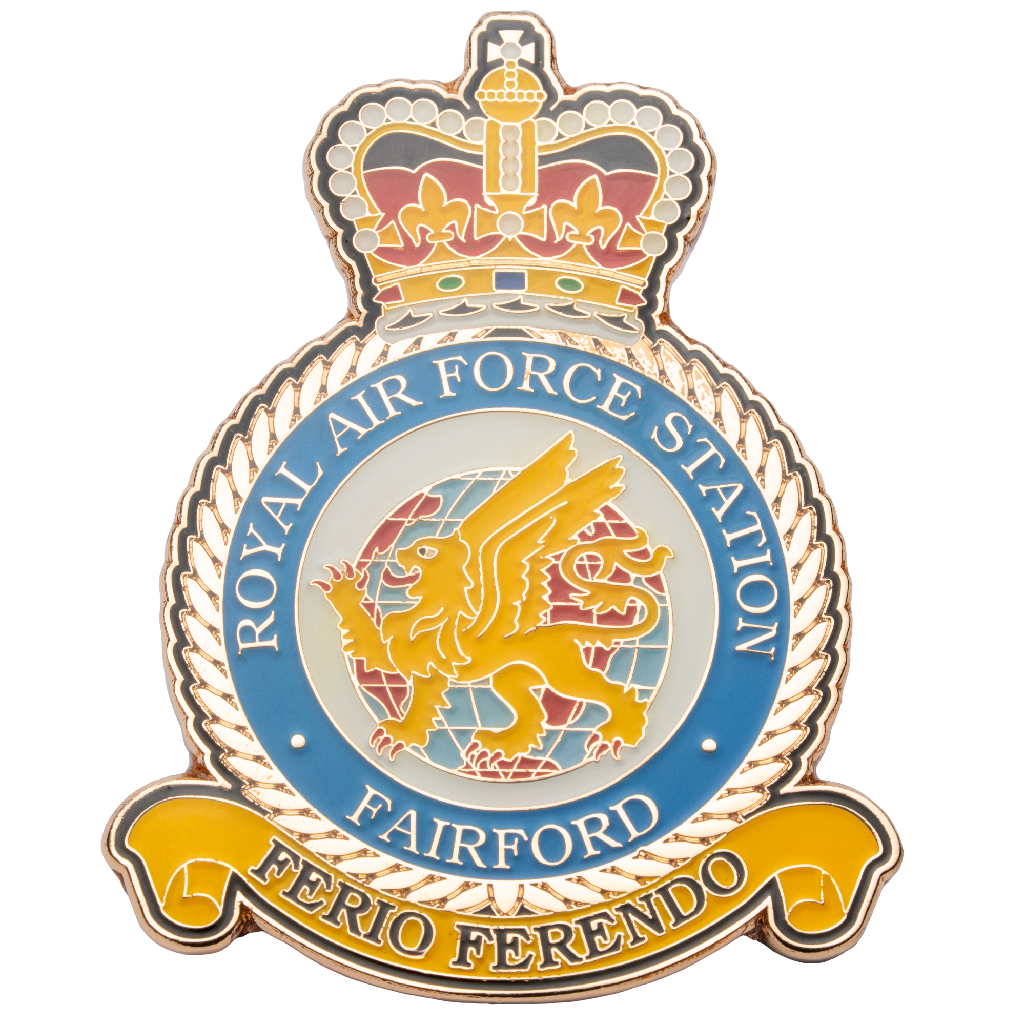 Enamel lapel pin featuring the Royal Air Force Station Fairford crest with a winged griffin over a globe, topped with a crown.