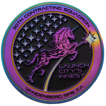 Iridescent rainbow challenge coin for 30th Contracting Squadron at Vandenberg SFB, featuring a purple unicorn leaping past stars on a black background.