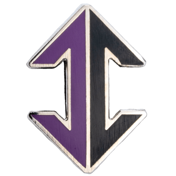 Purple and black enamel lapel pin with a silver geometric shield design and mirrored C-shapes.