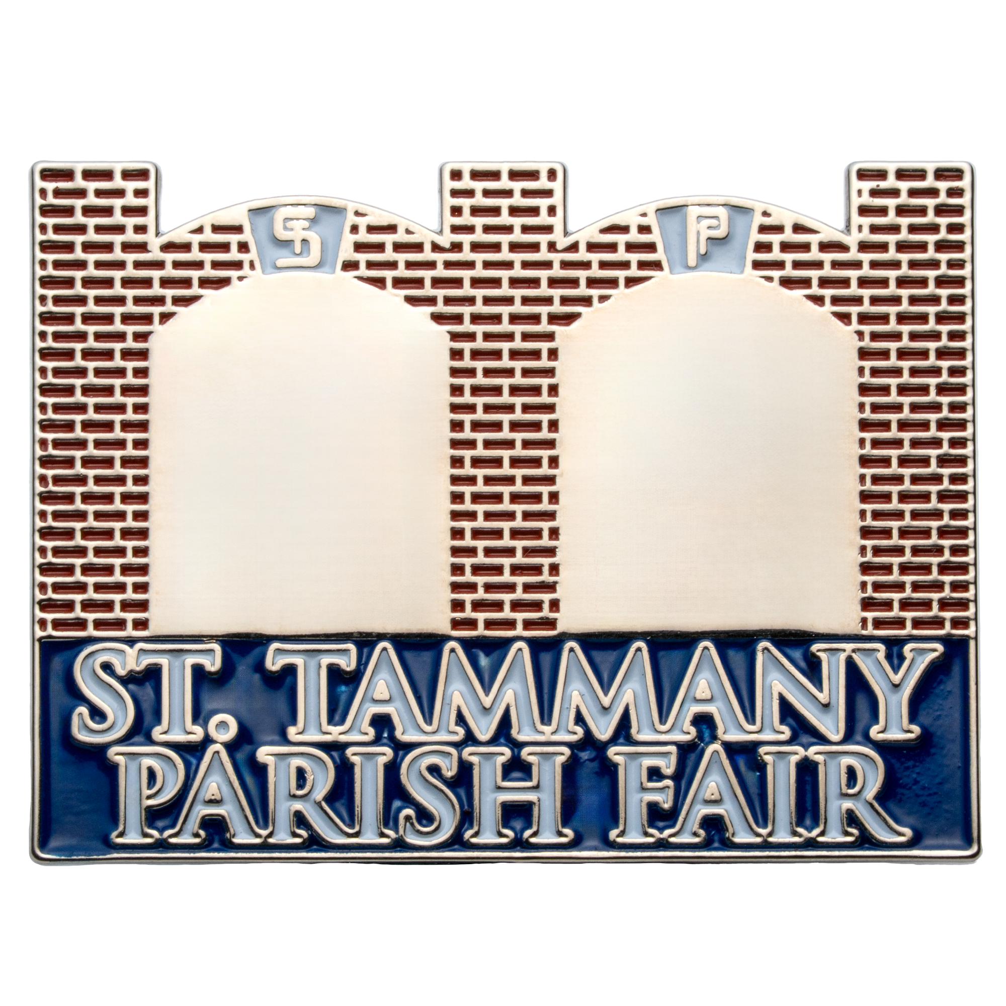 Rectangular lapel pin featuring the St. Tammany Parish Fair logo with brick building silhouettes and blue enamel lettering.