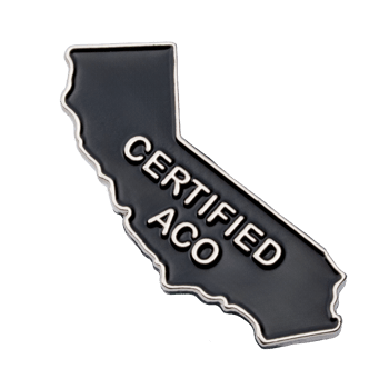 California state shaped lapel pin featuring black enamel with silver Certified ACO text.