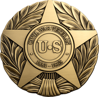 Antique brass challenge coin featuring a star over laurel leaves with text Civil War Veteran 1861-1865 surrounding U-S.