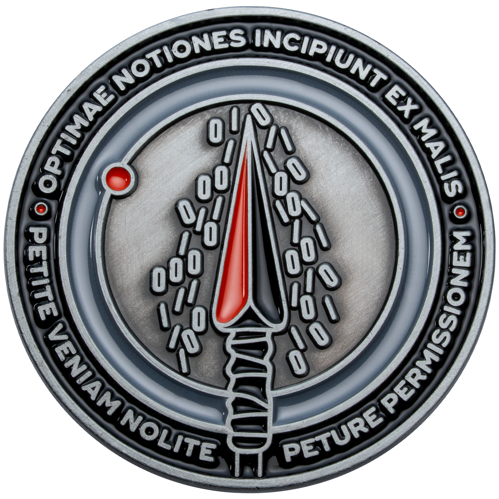 Silver challenge coin featuring a red and black spearhead surrounded by binary code and Latin text.