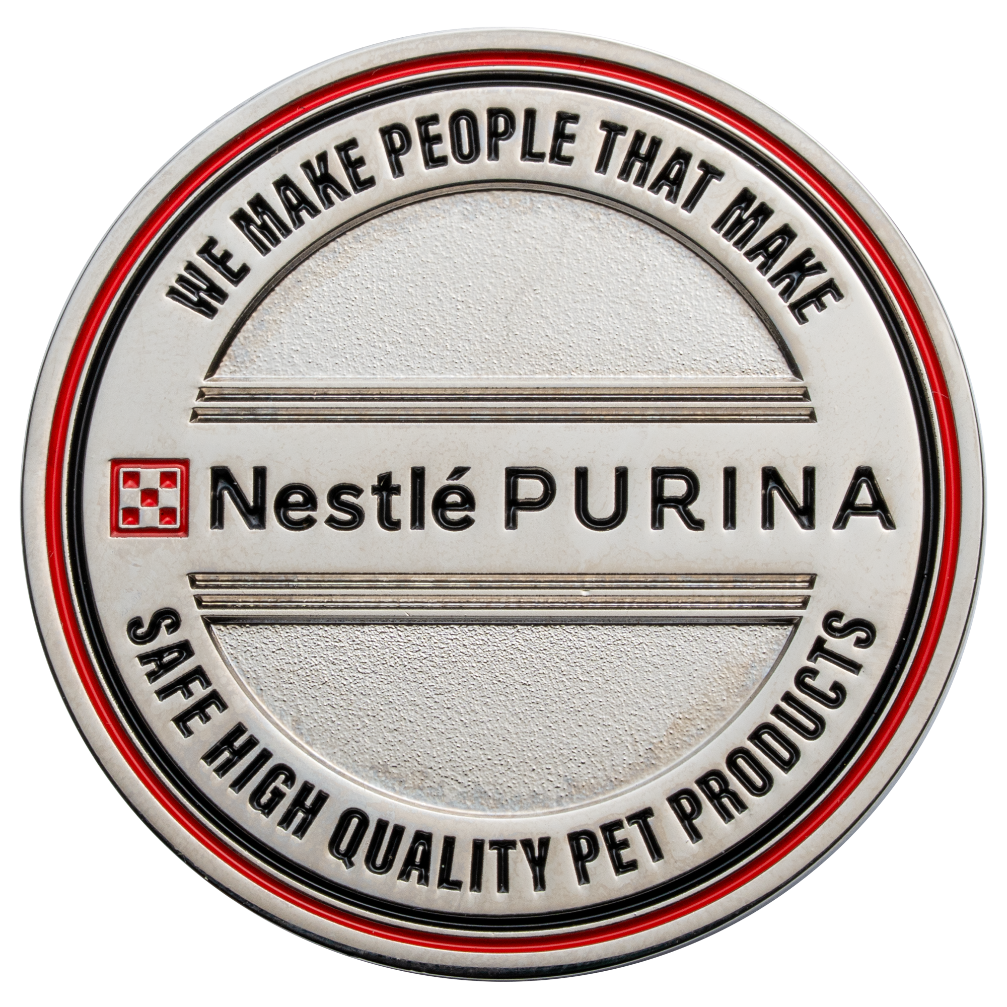 Silver challenge coin featuring the Nestlé Purina logo and a red outer border with inscribed text.