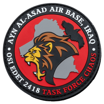 Circular PVC patch for Task Force Chaos at Ayn Al-Asad Air Base, Iraq, featuring a lion, a raven, and a map silhouette on a red background.