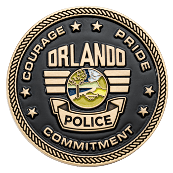 Orlando Police challenge coin featuring a black enamel background, gold rope border, and central landscape emblem.
