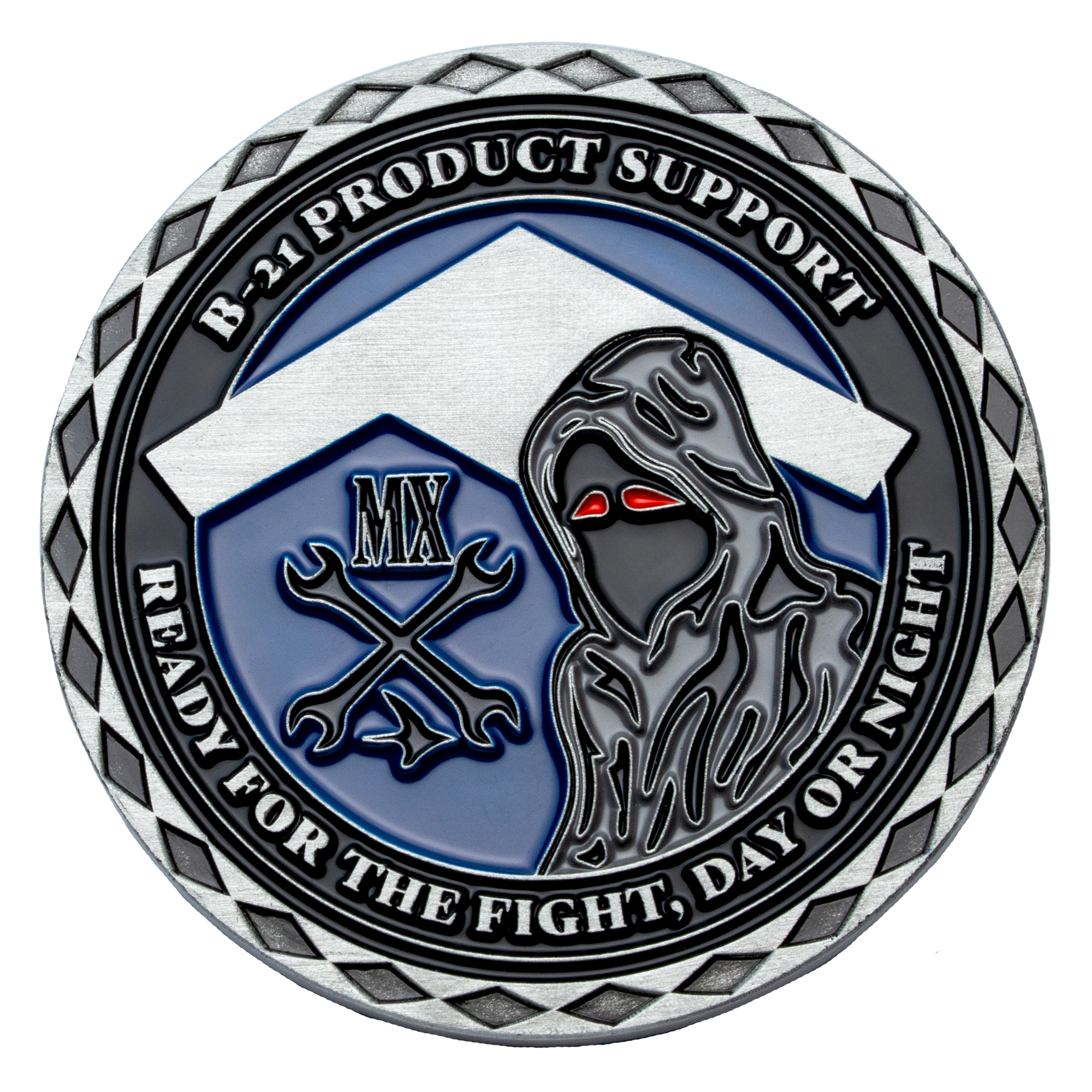 B-21 Product Support challenge coin featuring a hooded figure with red eyes, crossed wrenches, and the MX logo on a blue and silver background.
