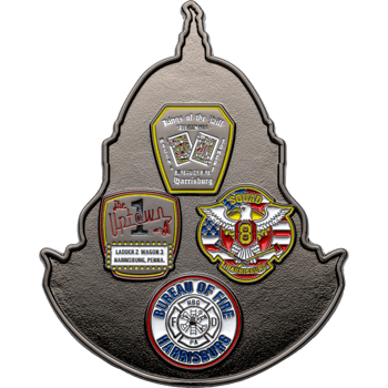 Shield-shaped challenge coin featuring Harrisburg Bureau of Fire, Squad 8, and Kings of the Hill insignias on an antiqued silver helmet-style base.