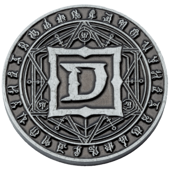 Antiqued silver challenge coin featuring a stylized letter D surrounded by geometric patterns and runes.