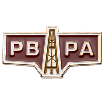 Rectangular lapel pin featuring the letters PB and PA on a maroon background with a gold and white oil derrick in the center.