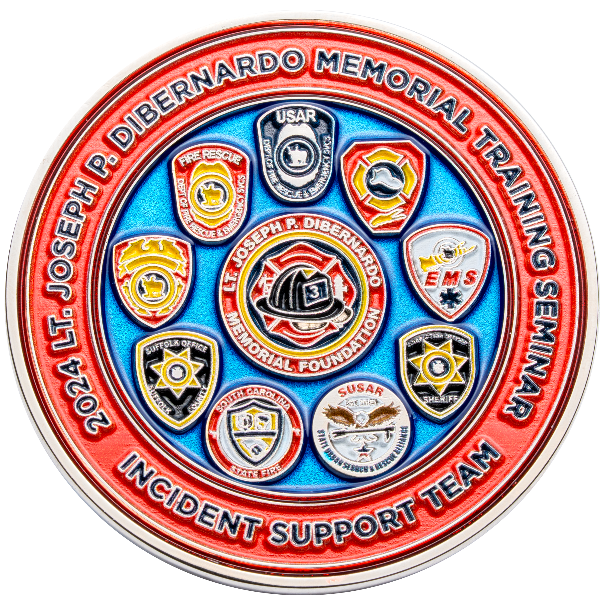 Round challenge coin featuring various first responder shields and badges on a blue and red enamel background with text for a 2024 memorial training seminar.