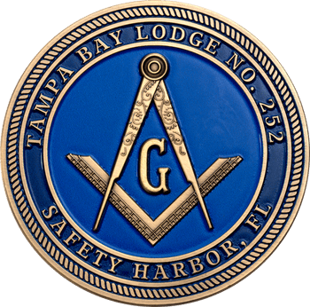 Masonic challenge coin for Tampa Bay Lodge No. 252 in blue enamel featuring the gold Square and Compasses emblem.