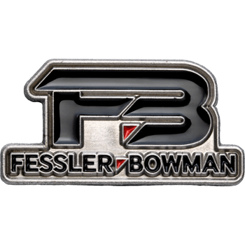 Fessler Bowman custom lapel pin featuring black enamel FB logo with red accents on polished nickel plating.