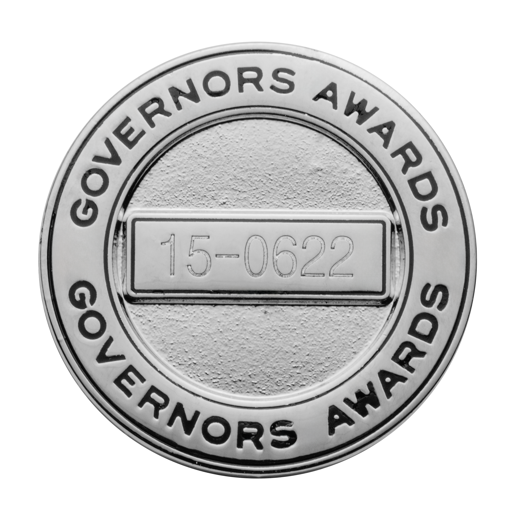 Silver Governors Awards challenge coin with recessed numbered center and sandblasted texture.